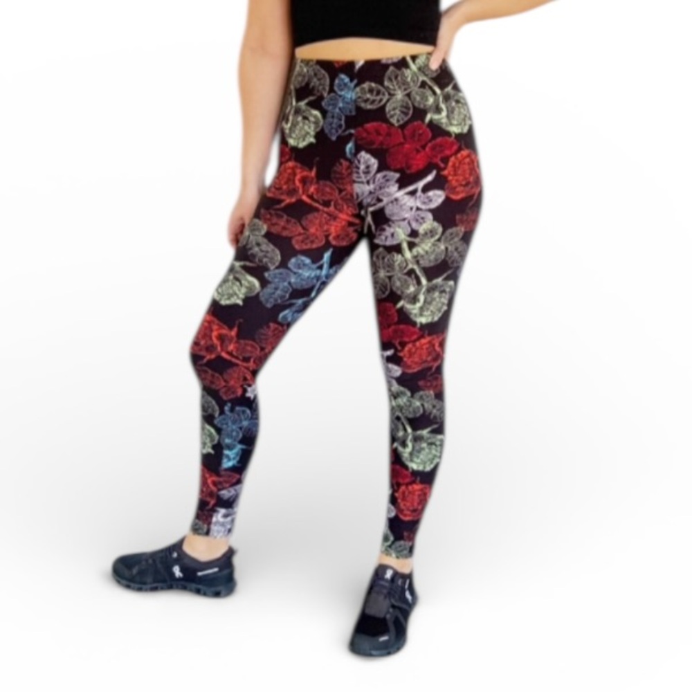 Black colorful neon floral print high rise soft stretch leggings one size